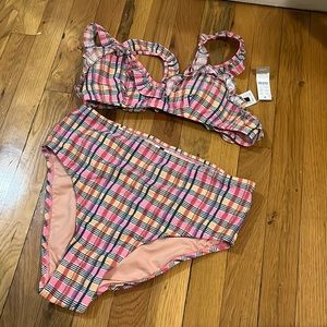 J Crew High waisted madras electric plaid bikini set NWT